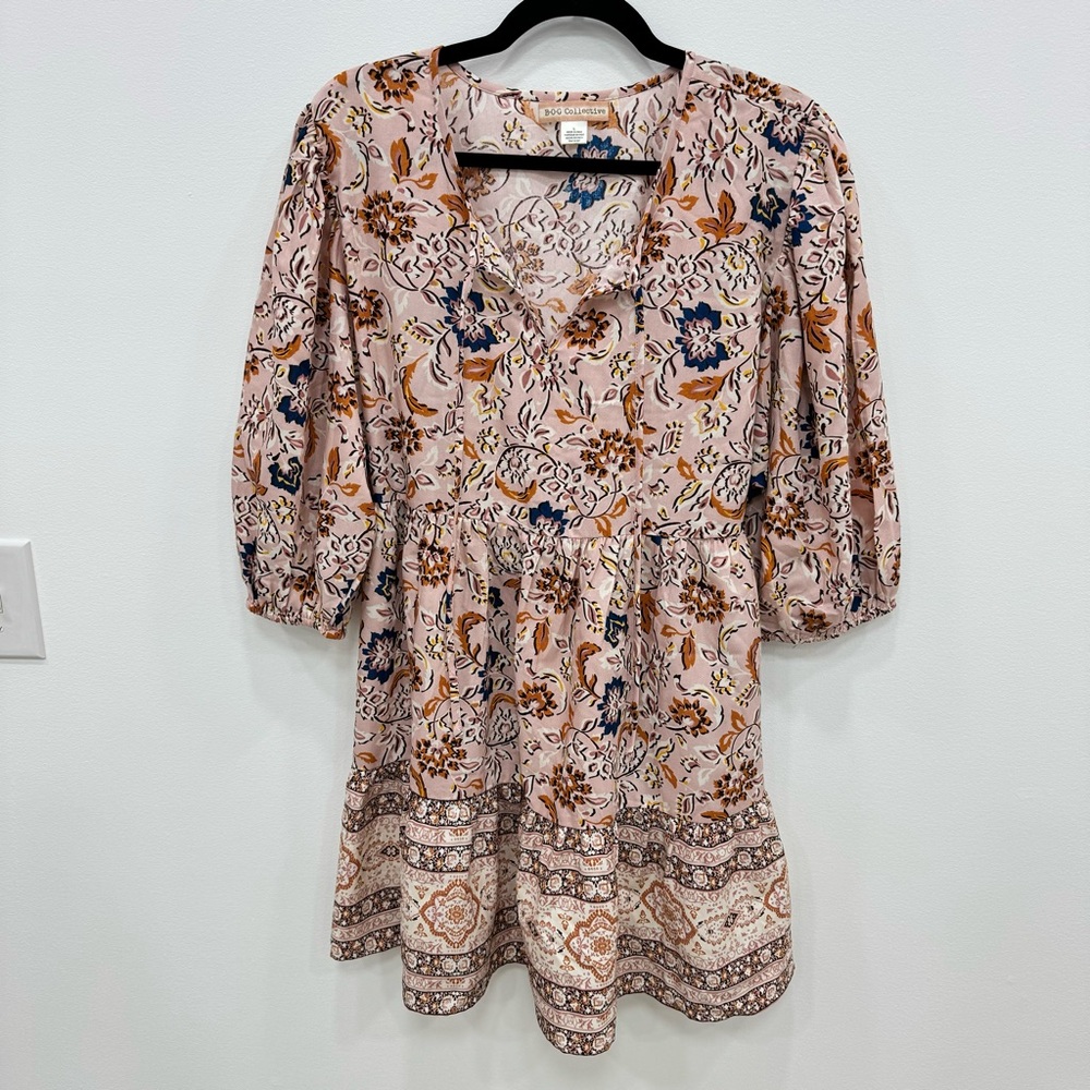 BOG Collective Floral Dress Boho Made in India block print sz Lg pink blue
